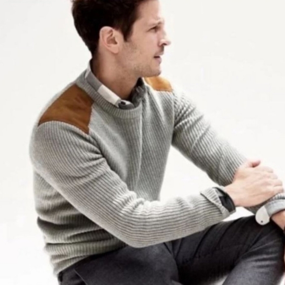 J Crew Ribbed Knit Cotton Crewneck Sweater Woodsman Shoulder Patch Mens Large - Picture 1 of 11